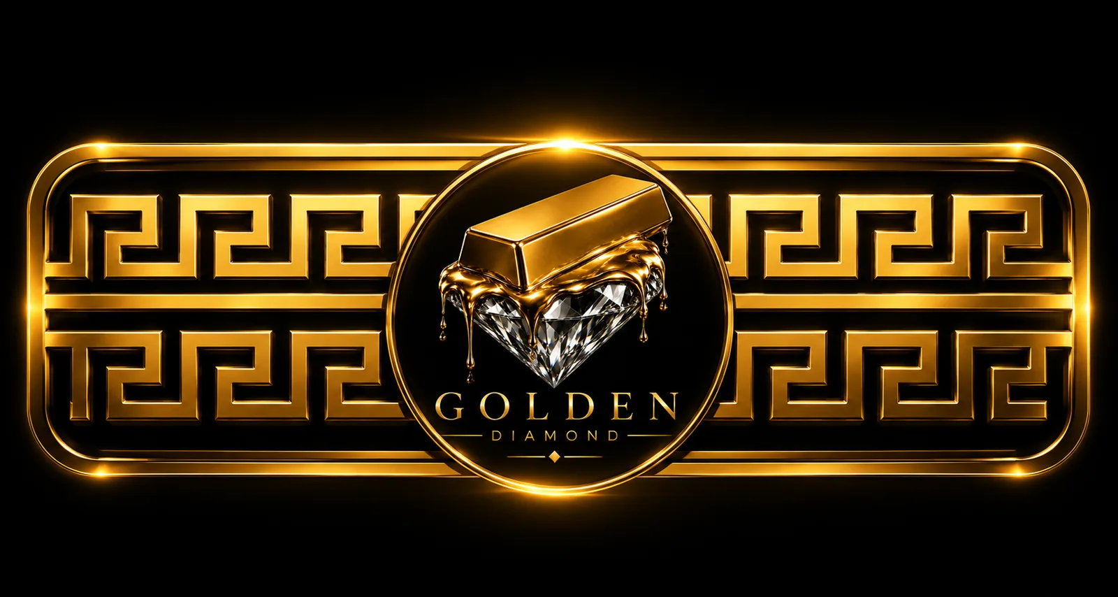 Emblema Golden Diamond con marco dorado de grecas